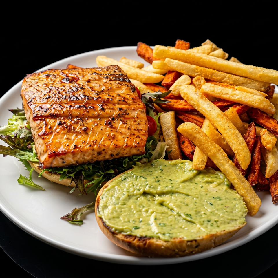 Grilled salmon fillet with mixed greens, avocado toast, and golden fries on a white plate against a black background.
