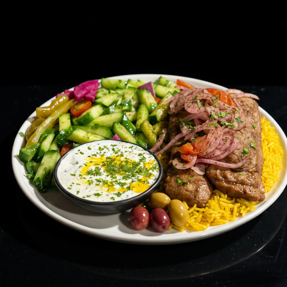 Plate of grilled meat over yellow rice with cucumber salad, pickled vegetables, olives, and herb-speckled yogurt sauce.