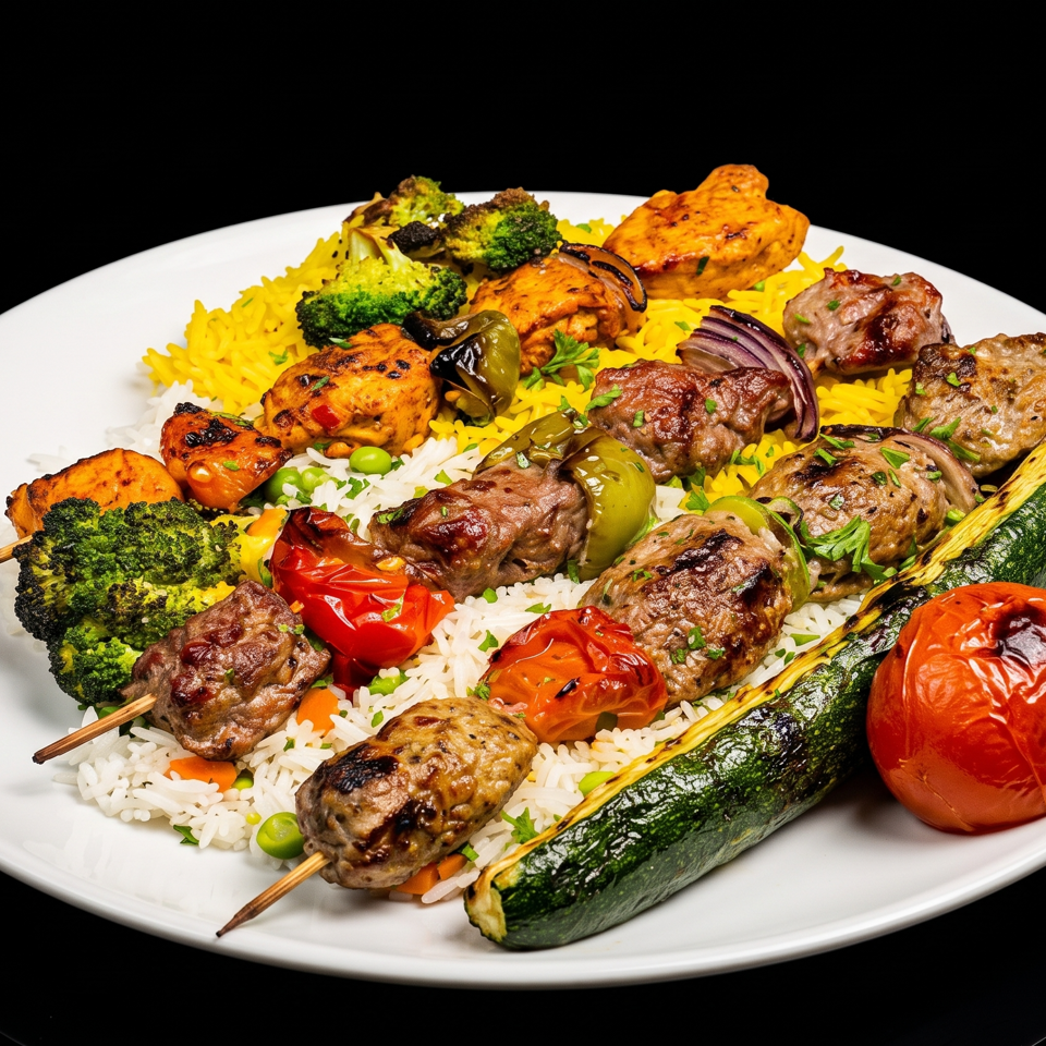 Mixed grilled meat and vegetable kebabs served over white and yellow rice with roasted tomatoes, zucchini, peppers, and broccoli.