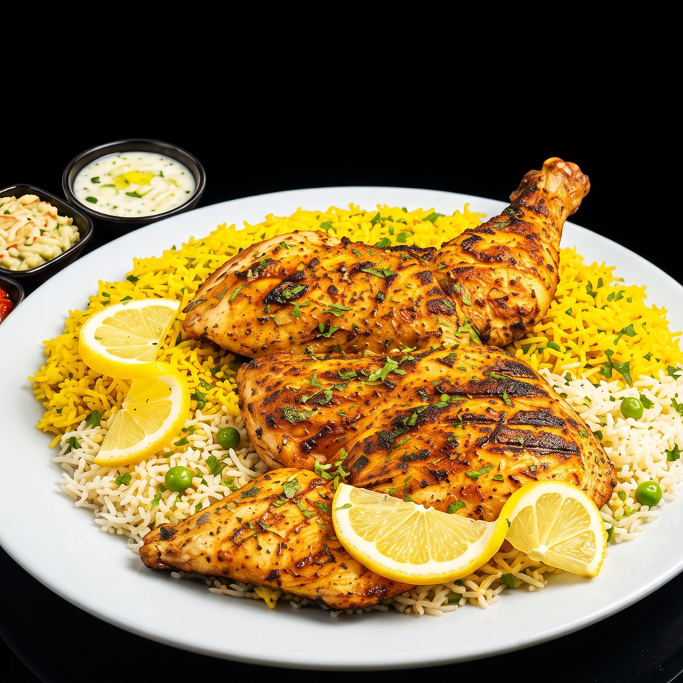 Grilled chicken pieces with lemon wedges over yellow and white rice, accompanied by three dipping sauces.