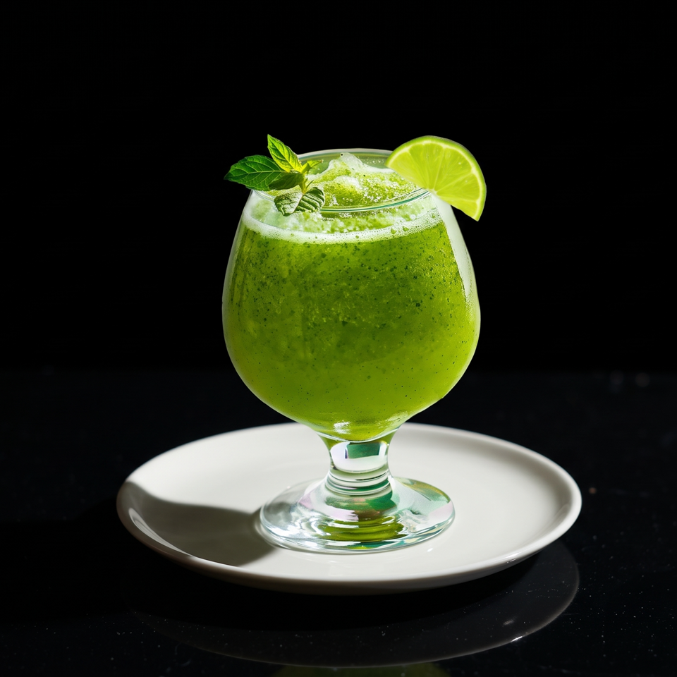 Bright green blended drink garnished with mint and lime, served in a stemmed glass on a white plate.