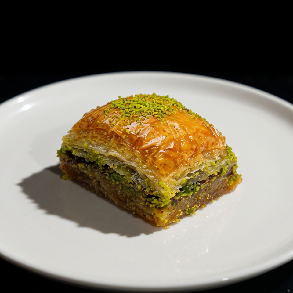 Square piece of syrup-glazed baklava layered with pastry and pistachios on a white plate.