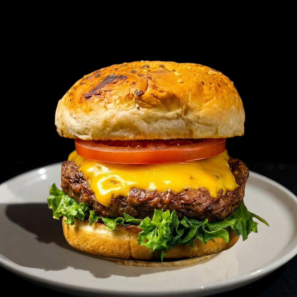 Cheeseburger with lettuce, tomato, melted cheese, and a sesame bun served on a white plate against a black background.