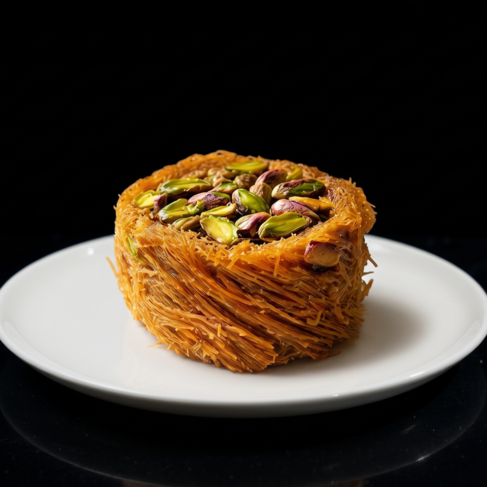 Golden shredded pastry nest filled with pistachios, served on a white plate against a dark background.