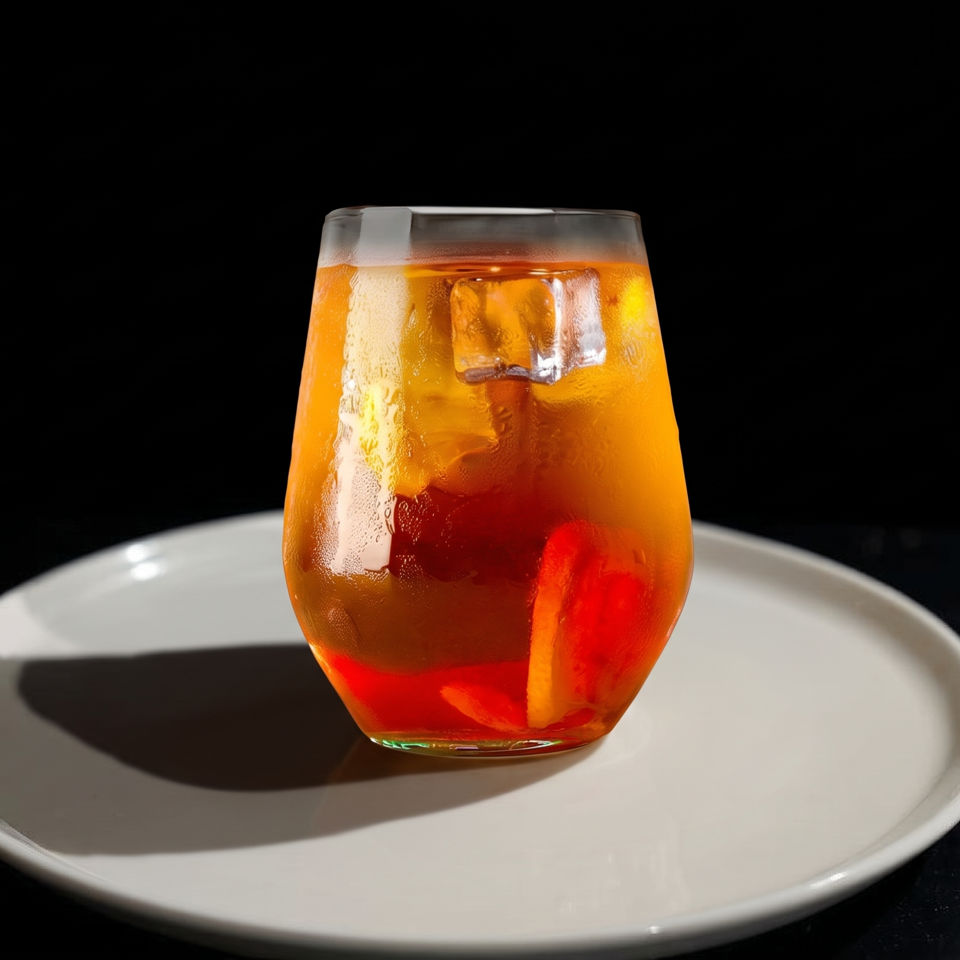 Amber cocktail with ice and orange garnish in a stemless glass on a white plate against a black background.