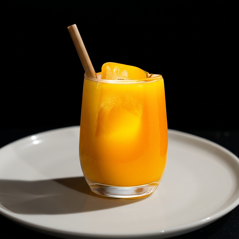 Bright orange drink in a tumbler with a citrus wedge and straw, served on a white plate against a dark background.