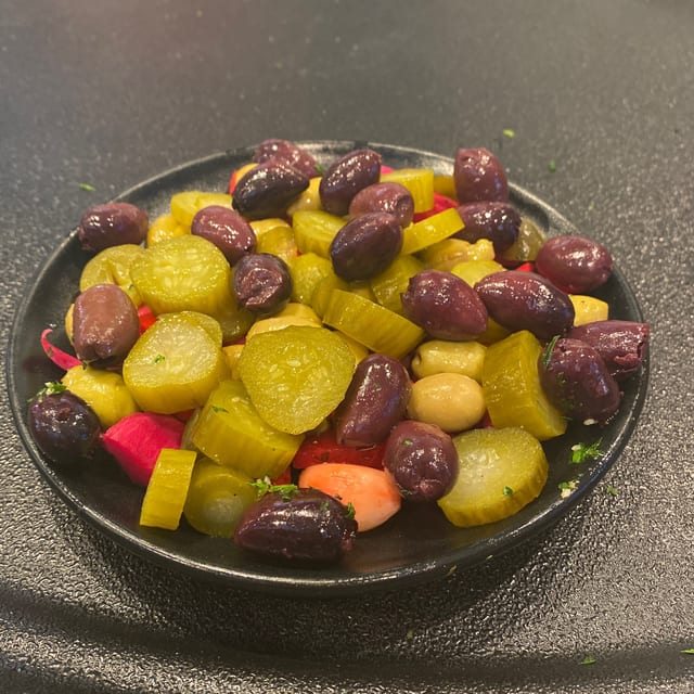 32 Olives, Turnips, Pickles.