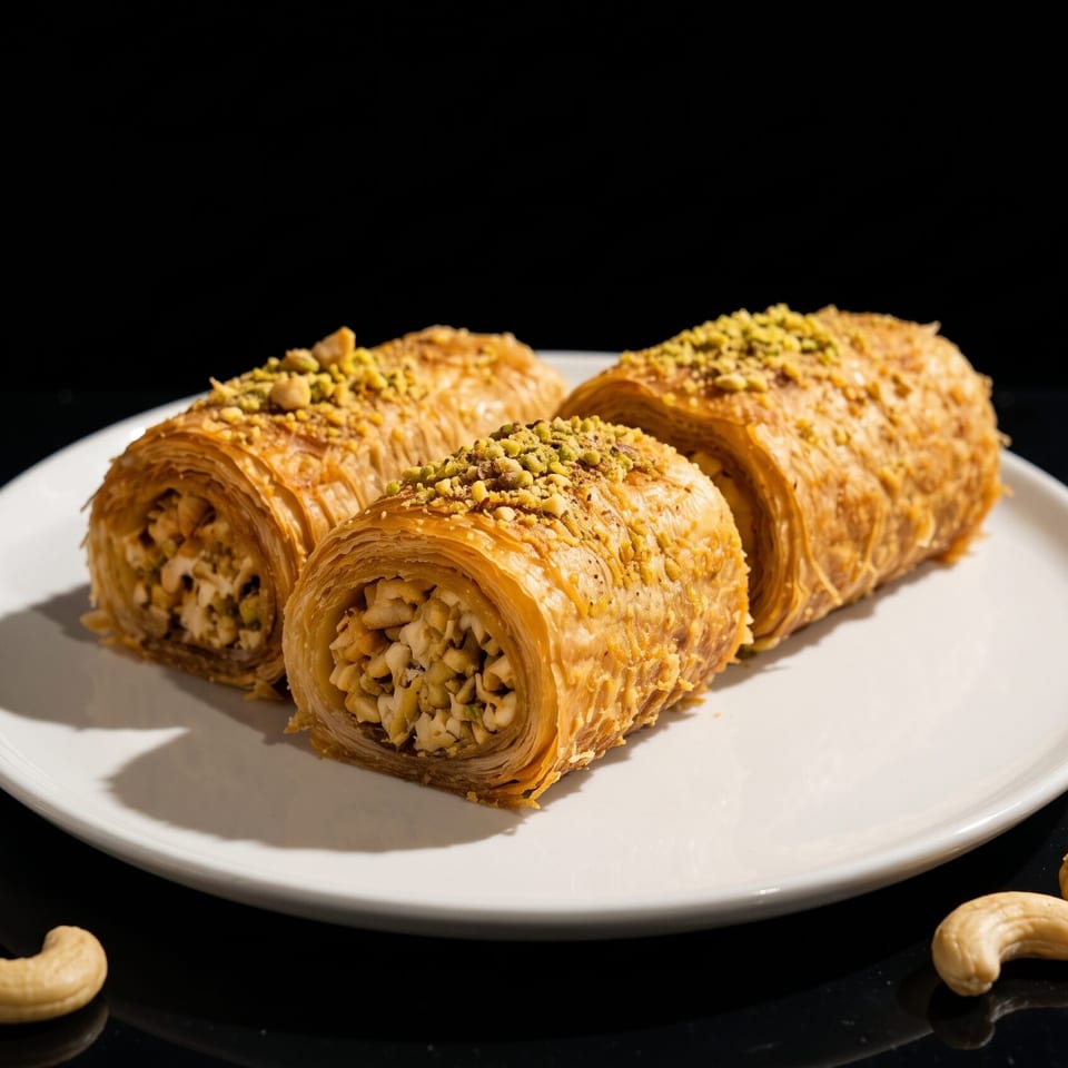 Three flaky nut-filled pastries topped with pistachios on a white plate, surrounded by cashews on a black surface.