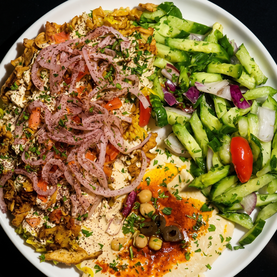 Mediterranean mezze platter with hummus, spiced chicken, rice, pickled onions, cucumber salad, olives, and pita chips.