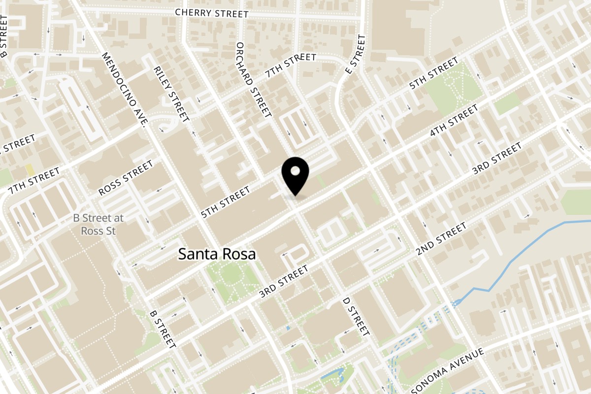Map showing the location of Falafel Hut on 701 4th St in Santa Rosa
